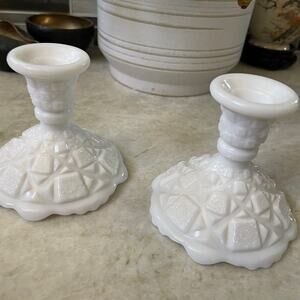 vintage Westmoreland old quilt Milk Glass candleholders set of two